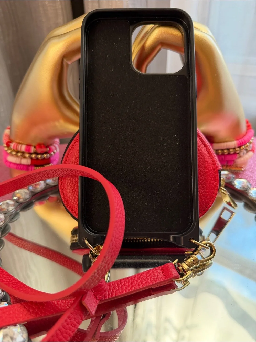 BandolierRed Leather Crossbody IPhone 14 Pro Max Case with heart ❤️ coin pouch.